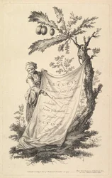 Titelsida: en leende man håller i ett hörn av ett tyg som är knutet till ett fikonträd och pekar med ett s..., 1759.