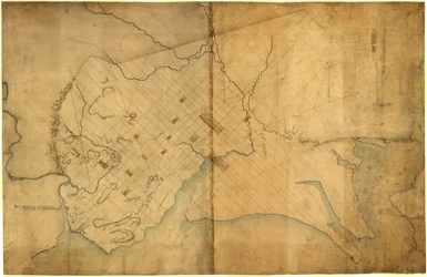 Karta med streckade linjer över Washington, D.C., 1791, före 19 augusti. LOC 88694203