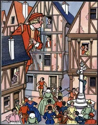 Jätten Gargantua på gatorna i Chinon Illustration av Pierre Couselles (död 1938) från "Gargantua" av Francois Rabelais