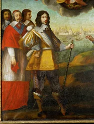 Ludvig XIII:s intåg i fästningen La Rochelle ... (olja på trä)