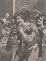 Man dricker soppa medan två personer tittar på honom, 1624-75.