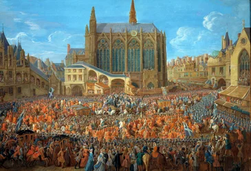 Kung Ludvig XV (1710-1774) lämnar rättsbädden som hölls i Palais de Justice i Paris den 12/09/1715 La Sainte Chapelle est visible - Målning a la gouache av Pierre Denis Martin (1663-1742) 1715 - Paris, musee Carnavalet - Ludvig XV:s avgång (
