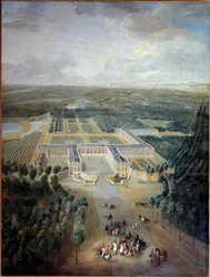 Perspektivvy av slottet och trädgårdarna i Trianon: kung Ludvig XV:s strandpromenad till häst. Målning av Pierre Denis Martin (1663-1742). 1700-talet. Dämpa. 2,96 x 2,23 m. Versailles, musee du Chateau - Perspektivvy av slottet och trädgårdarna i Tria