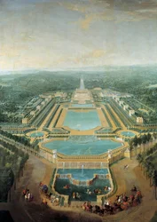 Perspektivvy av slottet Marly, kung Ludvig XV (1710-1774) barn i vagn passerar framför vattentråget Målning av Pierre Denis Martin (1663-1742) 1724 Sön. 2,96 x 2,24 m
