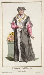 Sir Thomas More (1478-1535) från "Receuil des Estampes, representing the Ranks and the Dignites, enligt alla existerande nationers kostym", publicerad 1780 (handfärgad gravyr)