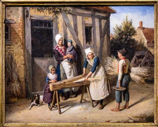 Böndernas familj (Bönder sysselsatta med att förbereda hampa framför dörren till en stuga)