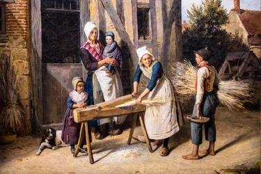 Böndernas familj (Bönder sysselsatta med att förbereda hampa framför dörren till en stuga)
