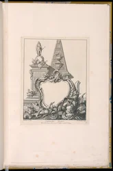 Kartusch med troféer, en staty och en pyramid