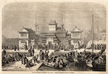 Shanghai Customs Building, ritning av Grandsire, för att illustrera Marquis de Moges resa till Kina och Japan 1857-1858. Gravyr i "" Le tour du monde, nouveau journal des voyages"" Paris