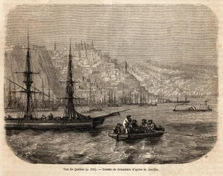 Vy över Quebec, teckning av Grandsire, för att illustrera resorna till Nordamerika 1854-1855, av L. Deville. Gravyr i ”” Le tour du monde”” 1861. Selvas samling.