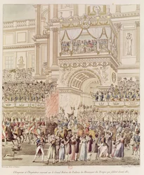 Kejsaren och kejsarinnan tar emot de franska truppernas hyllning från Tuileriernas balkong i samband med deras giftermål, graverad av Charles Pierre Joseph Normand (1765-1840) (färg).
