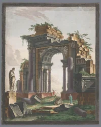 Vy över ruinerna av en triumfbåge Ruine d´ancien monument (titel på objekt)