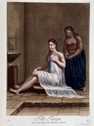 Turkisk flicka vars hår flätas i badet - i "Samling av 100 tryck som föreställer olika nationer i Levanten 1707 och 1708", på order av M. de Ferriol, kungens ambassadör vid Porten, och uppdaterad 1712-13 genom M. Le Hays försorg