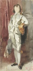 Stående pojke i Van Dyck-dräkt, ställd mot en röd gardin
