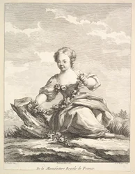 Liten flicka som håller en krans av blommor, från Second Book of Figures efter..., efter 1757.