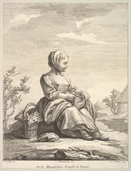 Liten flicka som håller vindruvor med en korg med dem vid sin sida, från Deuxième Livre de..., efter 1757.