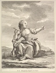 Liten flicka som leker med en hund, från Second Book of Figures efter porslinet..., efter 1757.