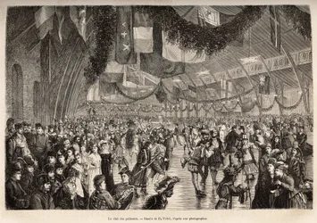 Montreals skridskoklubb, vid ett möte för en skridskokostymkväll, graverad efter en teckning av P. Fritel, som illustrerar utflykten till Kanada och Riviere Rouge du nord, av H. De Lamotte, 1873, publicerad i "Le tour du monde”” 1875, redigerad av Edo