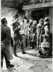En tysk officer frågar Boulle de talg i utbyte mot friheten för alla passagerare som har arresterats i diligencen. I "" Ball of tallow"" av Guy de Maupassant (1850-1893). Illustration av P. G. Jeanniot (1848-1934). Publicerad på Ollendorff i