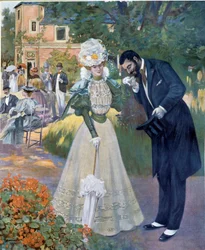 Belle epoque: "Handsex": en man som hälsar på en kvinna vid en mottagning. Illustration av Jeanniot för "" Le Figaro illustrious"" Början av 1900-talets Paris, dekorativ konst