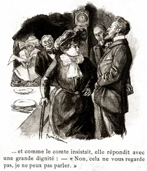 "Boule de Suif": Elisabeth Rousset vägrar att svara greven, tidigt 1900-tal (illustration)