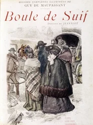 Flidens resenärer arresterades av tyska officerare under ockupationen av Frankrike av Preussen. I förgrunden: Suifs prostituerade bal. I "" Ball of tallow"" av Guy de Maupassant (1850-1893). Illustration av P. G. Jeanniot (1848-1934)