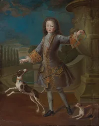 Ludvig XV av Frankrike (1710-1774) Med två hundar (olja på duk)