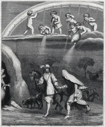 Enee och Didon överraskade av regnet i skogen. Illustration av "" Virgil transvestite"" av Paul Scarron (1610-1660), en parodi på "L