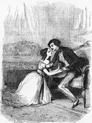 Illustration för Black Sheep, roman av Honore de Balzac (1799-1850) från samlingen i flera volymer med titeln Human Comedy, gravyr av Pierre Gustave Eugene Staal (1817-1882)