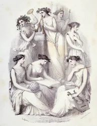 Geniuses of Olympus - i ""Les Femmes mythologiques"", teckningar av G. Staal, av Mery och Cte Foelix, red. G. de Gouet