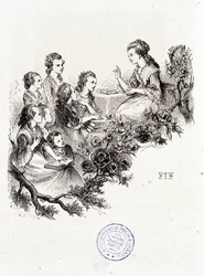Ung hushållerska berättar en historia för en grupp barn - i "Le magasin des enfants"" av Mme Leprince de Beaumont, ill. Staal, Garnier