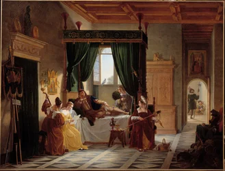 Återhämtningen av Bayard Riddaren Pierre Terrail, herre av Bayard (1476-1524) i covalescens efter belägringen av Brescia. Målning av Pierre Henri Revoil (1776-1842) 1800-talet sön. 1,35 X 1,77 m
