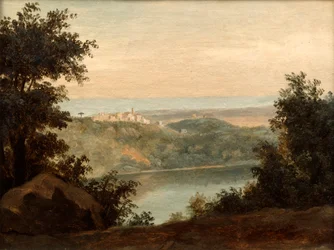 Lake Nemi, i bakgrunden staden Genzano, sent 1700-tal tidigt 1800-tal