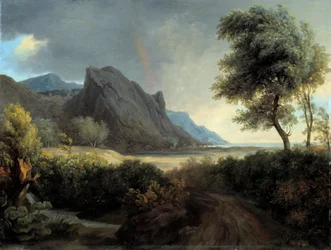 Bergigt landskap sköljt av havet. Regnbåge. - Pierre de Valenciennes (1750-1819) 1800-talet sön. 0,4x0,53 m