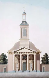 St. Willebrord-kyrkan i Haag, från "Val av de mest framstående monumenten, byggnaderna och husen i kungariket Nederländerna" av Pierre Jacques Goetghebuer, graverad av A. Tellus, publicerad 1827 (akvatint)