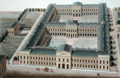 Hospice i Bryssel, från "Val av de mest framstående monumenten, byggnaderna och husen i kungariket Nederländerna" av Pierre Jacques Goetghebuer, graverad av H.L.F. Partoes, publicerad 1827 (akvatint)