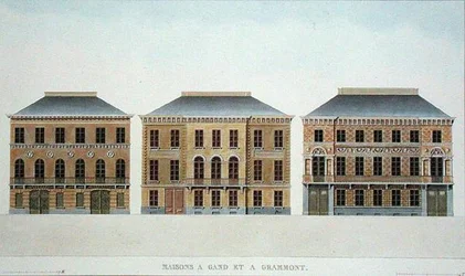 Hus i Gent och Grammont, Belgien, från "Val av de mest anmärkningsvärda monumenten, byggnaderna och husen i kungariket Nederländerna" av Pierre Jacques Goetghebuer, publicerad 1827 (akvatint)
