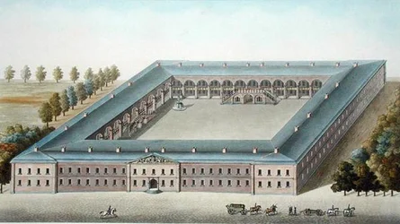 Infanterikaserner i Ypres, från "Val av de mest framstående monumenten, byggnaderna och husen i kungariket Nederländerna" av Pierre Jacques Goetghebuer, graverad W. Lobry (f.1774), publicerad 1827 (akvatint)
