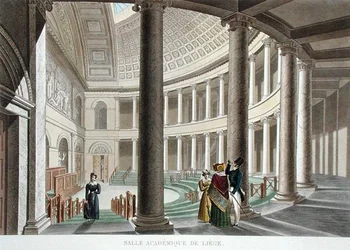 Interiören i akademin i Liège, från "Choix des Monuments, Edifices et Maisons les plus remarquables du Royaume des Pays-Bas" av Pierre Jacques Goetghebuer, graverad av J.N. Chevron, publicerad 1827 (akvatint).
