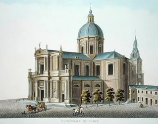 Katedralen i Namur, ur "Choix des Monuments, Edifices et Maisons les plus remarquables du Royaume des Pays-Bas" av Pierre Jacques Goetghebuer, publicerad 1827 (akvatint).