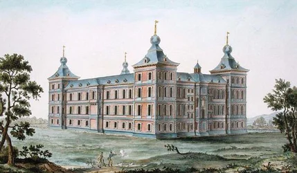 Chateau i Ronse, Belgien, från "Val av de mest framstående monumenten, byggnaderna och husen i kungariket Nederländerna" av Pierre Jacques Goetghebuer, publicerad 1827 (akvatint) (se även 189234)