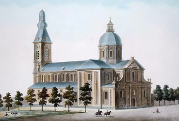 St. Pierre-kyrkan i Gent, från "Val av de mest framstående monumenten, byggnaderna och husen i kungariket Nederländerna" av Pierre Jacques Goetghebuer, publicerad 1827 (akvatint)