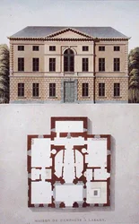 Country House i Laeken, nära Bryssel, från "Val av de mest framstående monumenten, byggnaderna och husen i kungariket Nederländerna" av Pierre Jacques Goetghebuer, publicerad 1827 (akvatint)