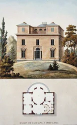 Country House i Oostakker, Belgien, från "Val av de mest framstående monumenten, byggnaderna och husen i kungariket Nederländerna" av Pierre Jacques Goetghebuer, publicerad 1827 (akvatint)