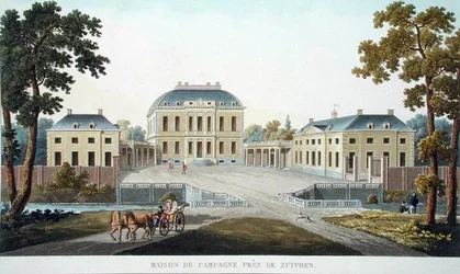Country House nära Zutphen, från "Val av de mest framstående monumenten, byggnaderna och husen i kungariket Nederländerna" av Pierre Jacques Goetghebuer, publicerad 1827 (akvatint)