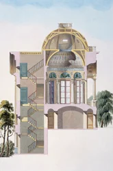 Tvärsnitt av paviljongen Hingene, nära Antwerpen, från "Val av de mest anmärkningsvärda monumenten, byggnaderna och husen i Konungariket Nederländerna" av Pierre Jacques Goetghebuer, publicerad 1827 (colo