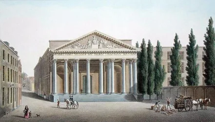 Justitiepalatset, Bryssel, från "Val av de mest framstående monumenten, byggnaderna och husen i kungariket Nederländerna" av Pierre Jacques Goetghebuer, publicerad 1827 (akvatint)