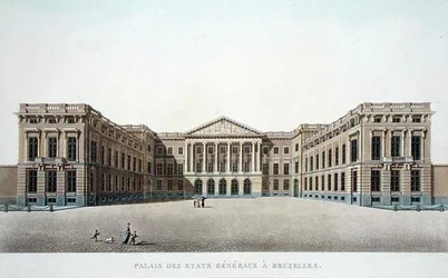 Palace of the Estates General, Bryssel, från "Val av de mest framstående monumenten, byggnaderna och husen i kungariket Nederländerna" av Pierre Jacques Goetghebuer, publicerad 1827 (akvatint)