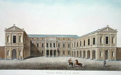 Palais Royal, Haag, från "Val av de mest framstående monumenten, byggnaderna och husen i kungariket Nederländerna" av Pierre Jacques Goetghebuer, publicerad 1827 (akvatint)