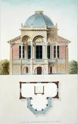 Pavilion of Hingene, nära Anvers, från "Val av de mest framstående monumenten, byggnaderna och husen i kungariket Nederländerna" av Pierre Jacques Goetghebuer, publicerad 1827 (akvatint) (se även 186053)